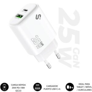 Cargador de pared gan subblim 25w charger usb c+a/ 1xusb tipo-c/ 1xusb/ 25w