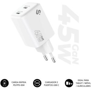 Cargador de pared gan subblim 45w charger usb c+c/ 2xusb tipo-c/ 45w