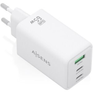 Cargador de pared gan aisens asch-65w3p072-w/ 2xusb tipo-c/ 1xusb/ 65w/ blanco