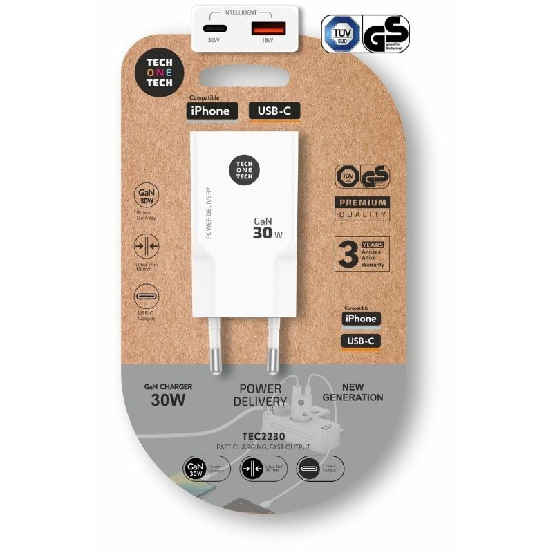 Cargador de pared gan tech one tech gan tec2230/ 1xusb tipo-c/ 1xusb/ 30w/ blanco