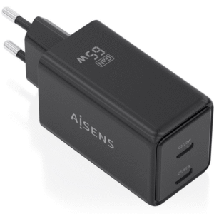 Cargador de pared gan aisens asch-65w2p079-bk/ 2xusb tipo-c/ 65w/ negro