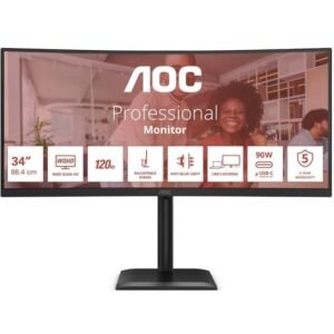 Monitor profesional ultraparonámico curvo aoc cu34e4cv 34’/ wqhd/ multimedia/ regulable en altura/ negro
